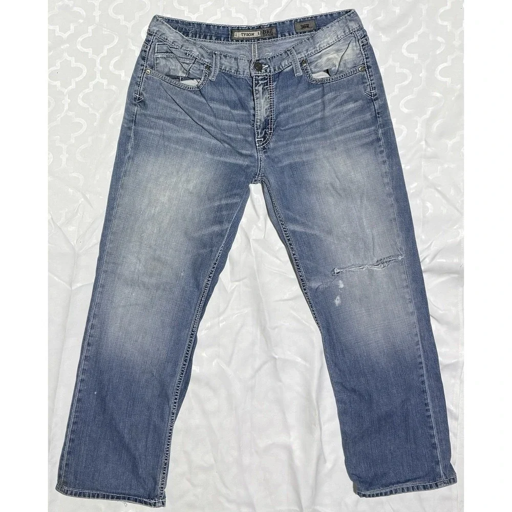 BKE‎ Tyson Jeans Blue Dark Wash Distressed Faded Bootcut 36R 36x28